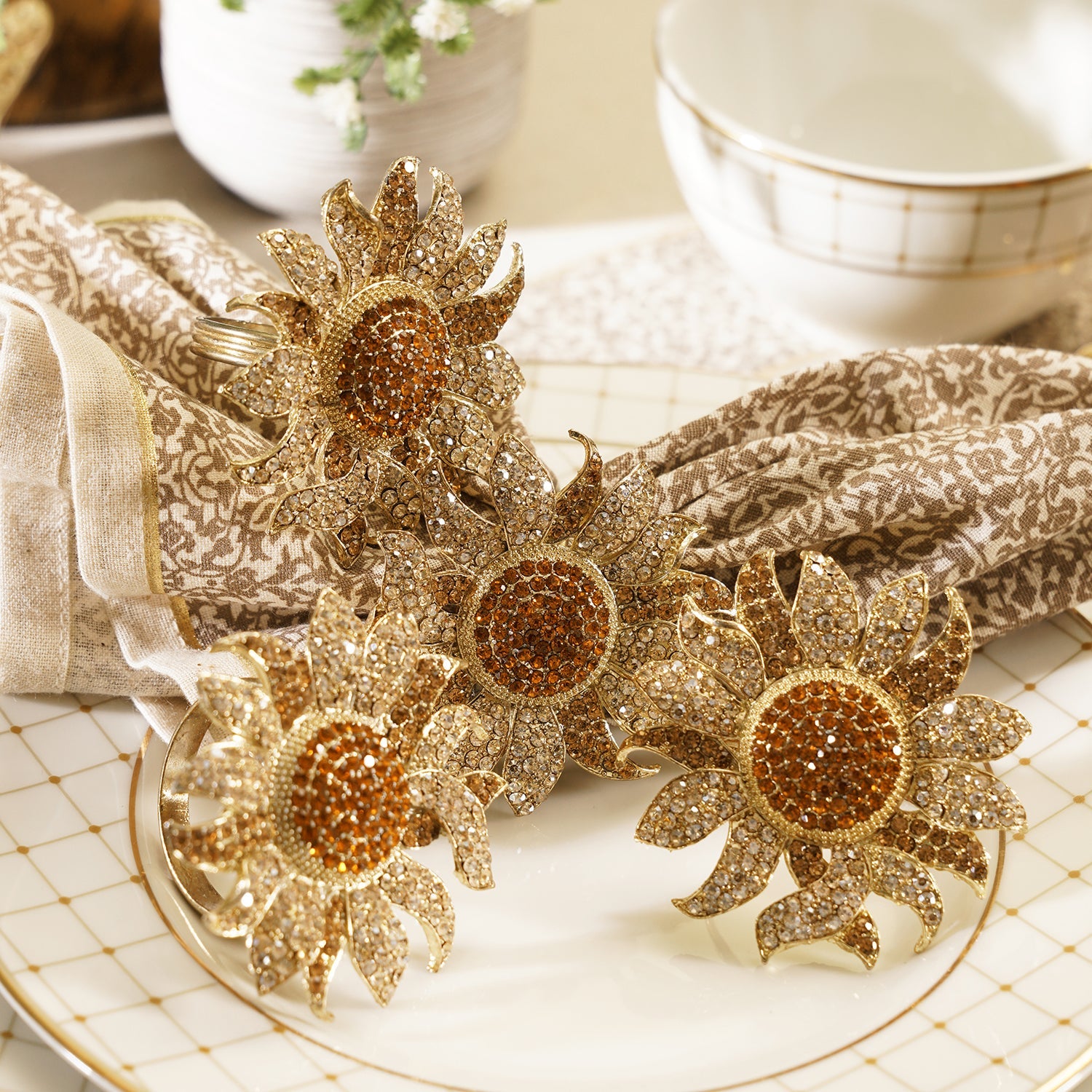 Set of 4 Gold Stone Encrusted Flower Shaped Napkin Rings