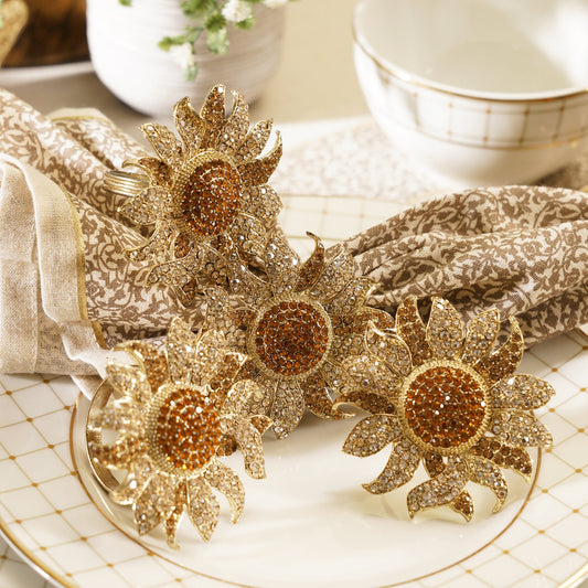 Set of 4 Gold Stone Encrusted Flower Shaped Napkin Rings