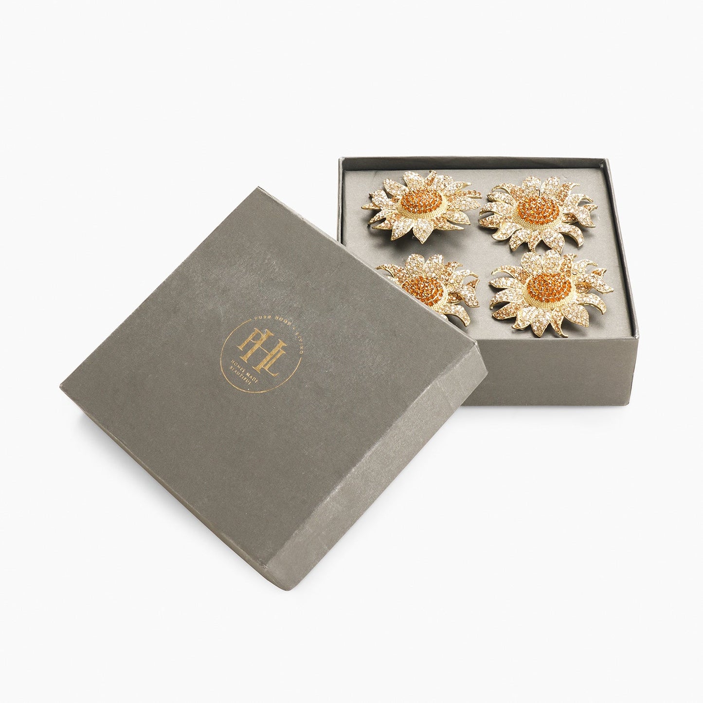 Set of 4 Gold Stone Encrusted Flower Shaped Napkin Rings
