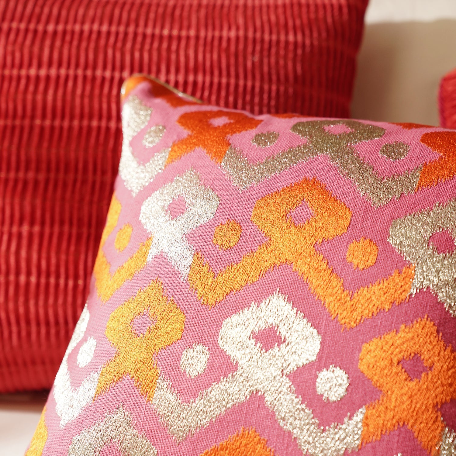 Pink and Orange Embroidered Cushion Cover