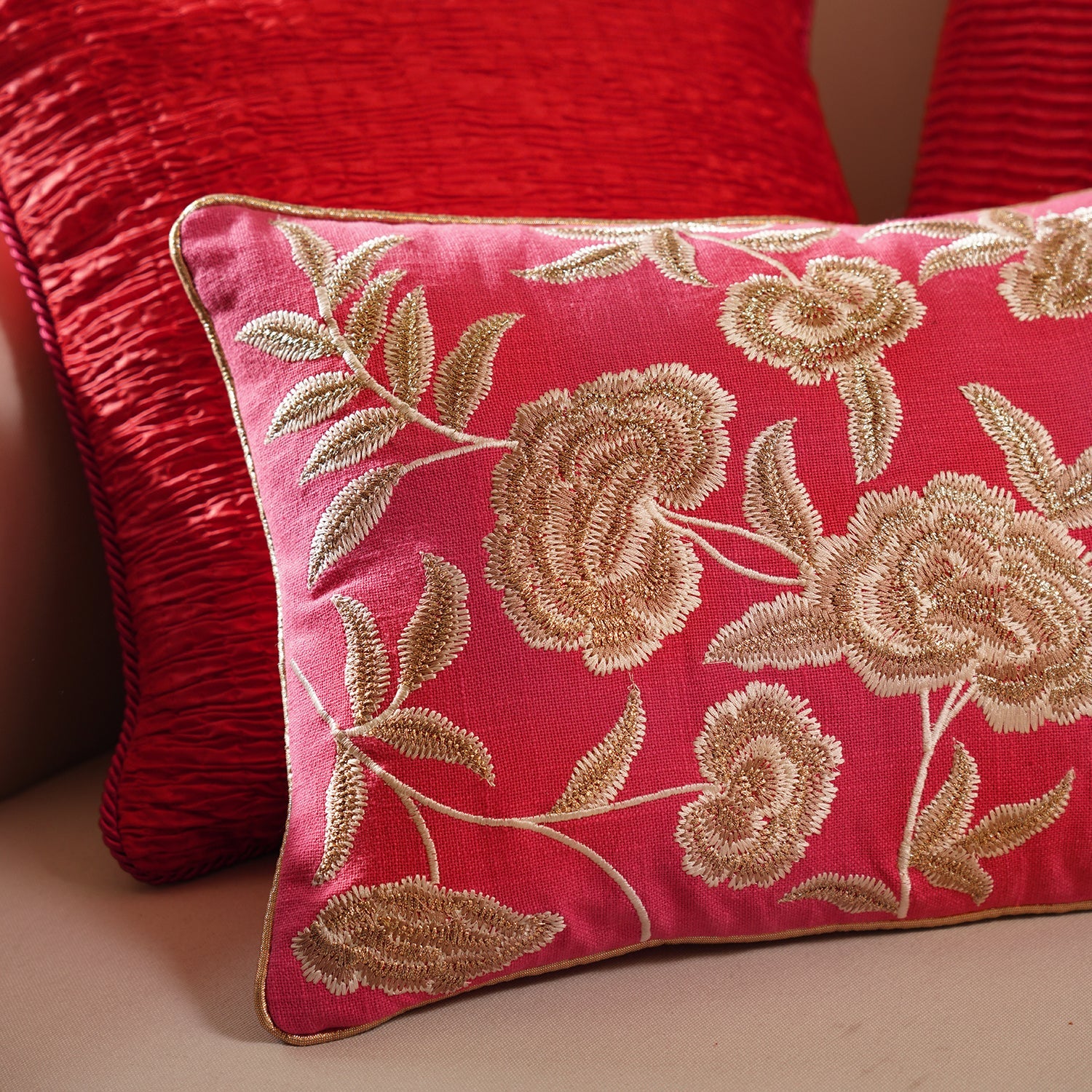 Pink Floral Embroidered Rectangle Cushion Cover