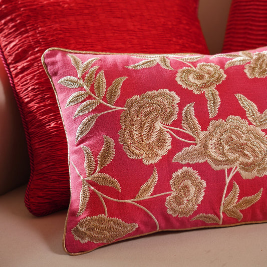 Pink Floral Embroidered Rectangle Cushion Cover