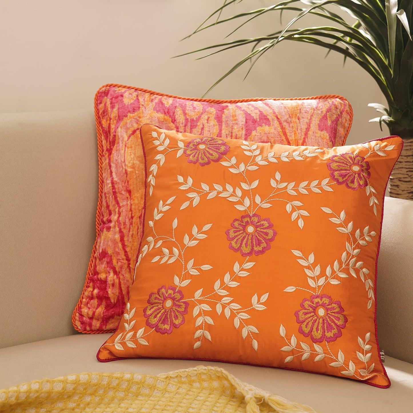 Orange Vine Embroidered Sqaure Cushion Cover