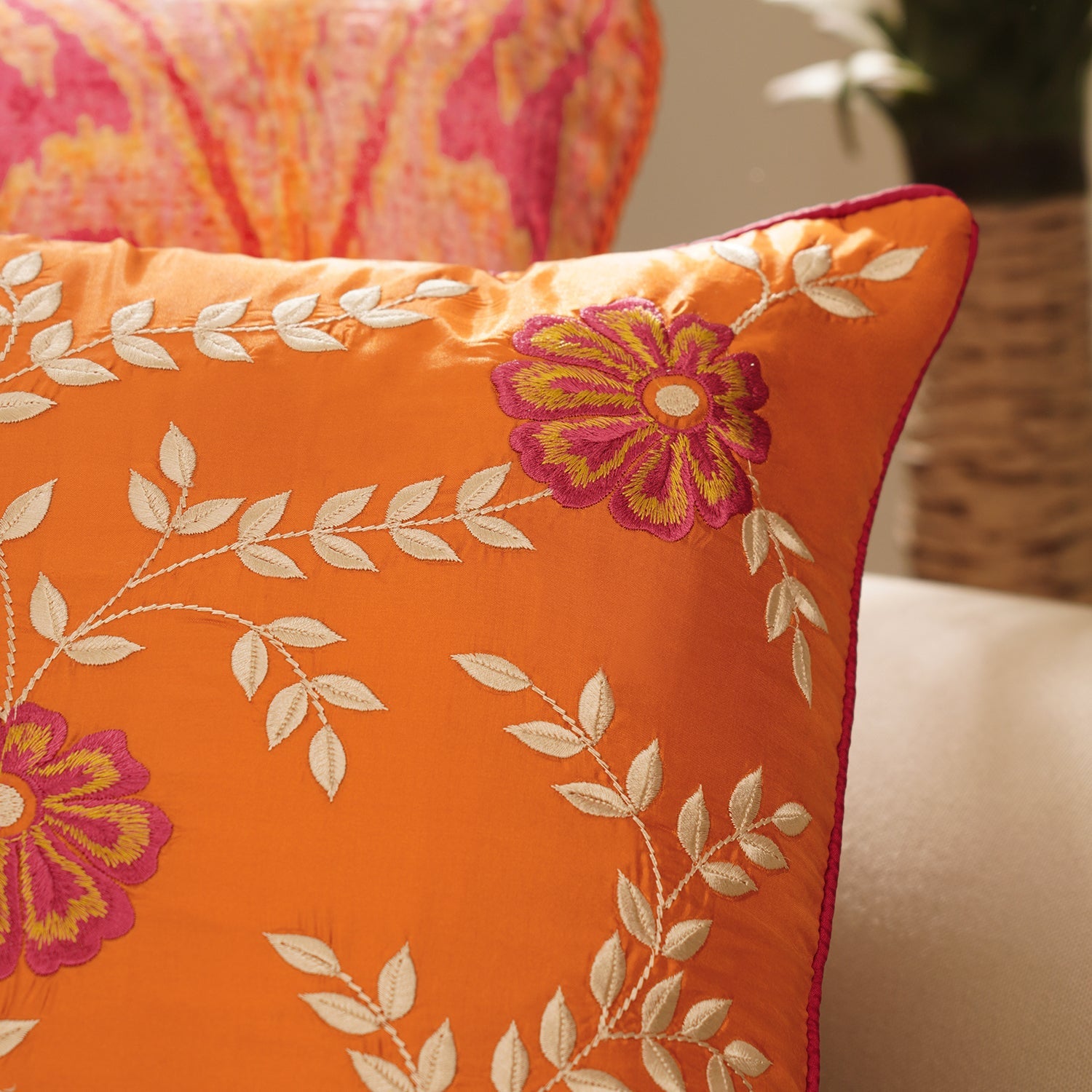 Orange Vine Embroidered Sqaure Cushion Cover