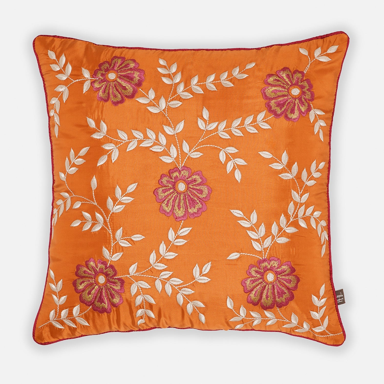 Orange Vine Embroidered Sqaure Cushion Cover