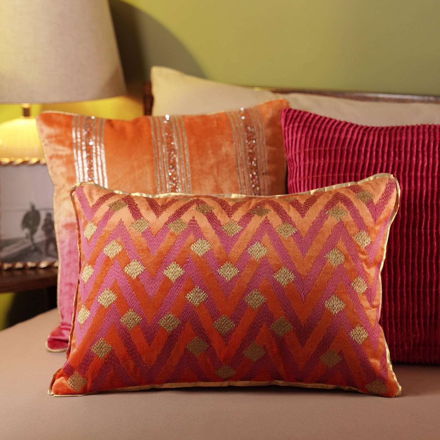 Pink & Orange Ombre Embroidered Velvet Cushion Cover