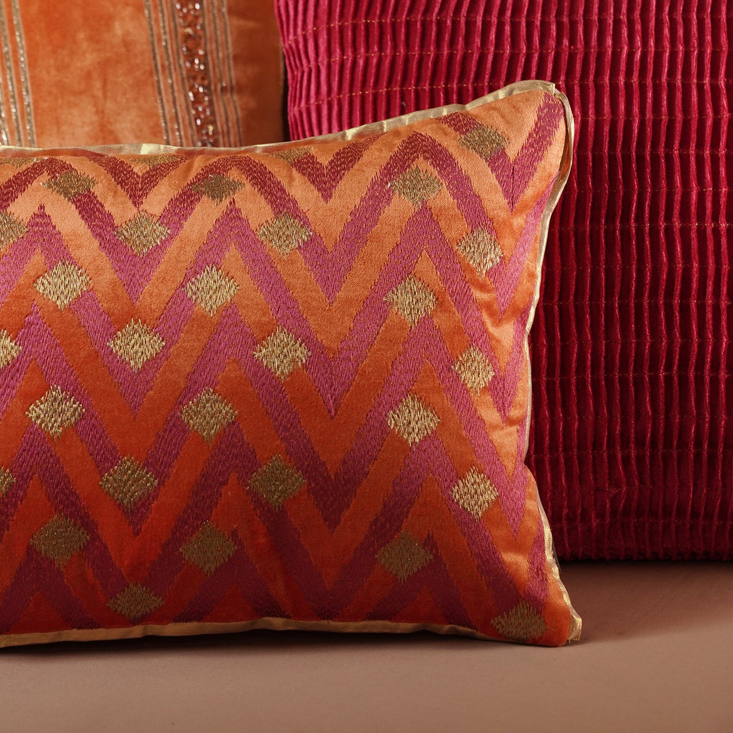 Pink & Orange Ombre Embroidered Velvet Cushion Cover