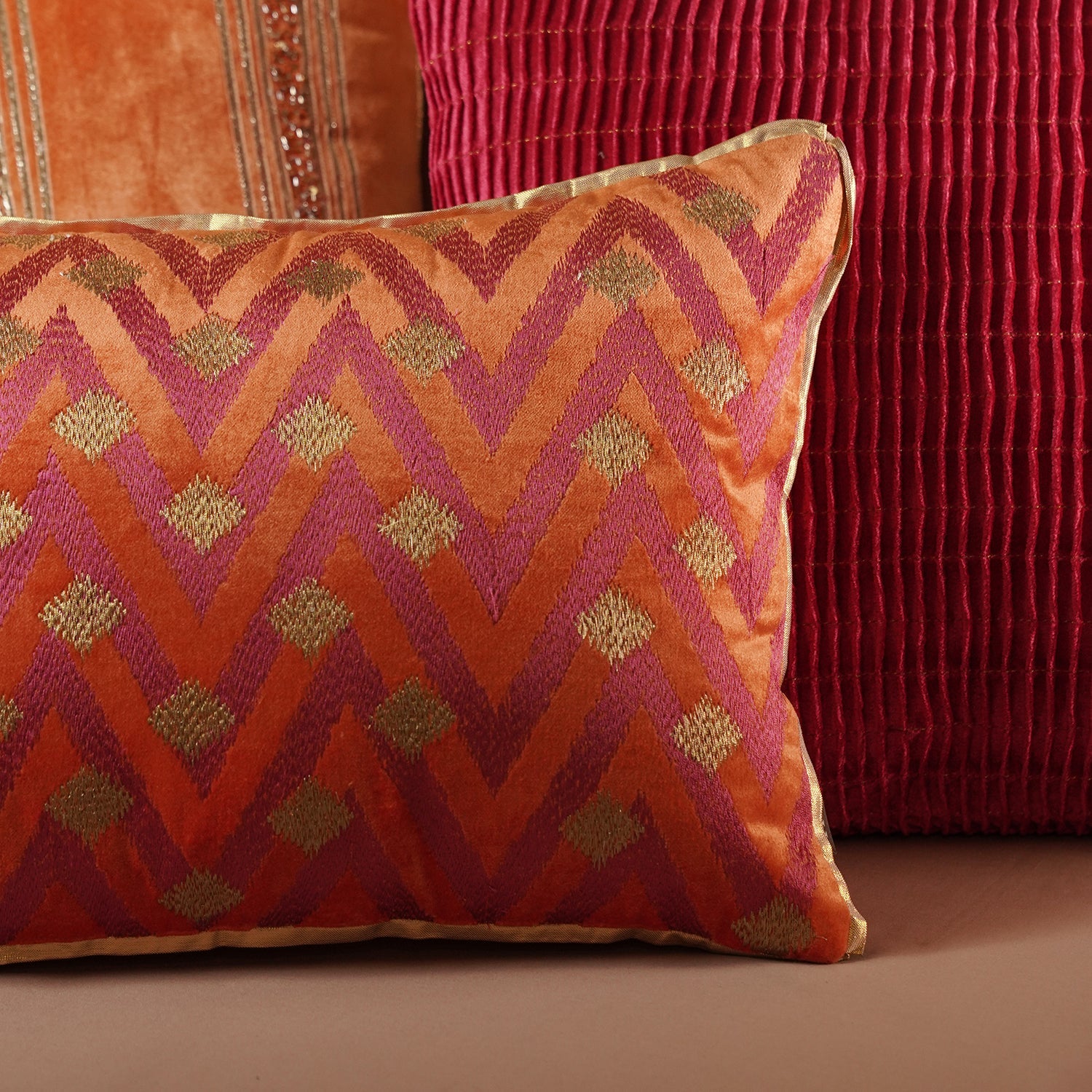 Pink & Orange Ombre Embroidered Velvet Cushion Cover