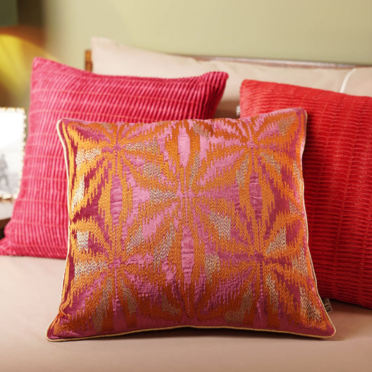 Pink and Orange Abstract Embroidered Square Cushion Cover