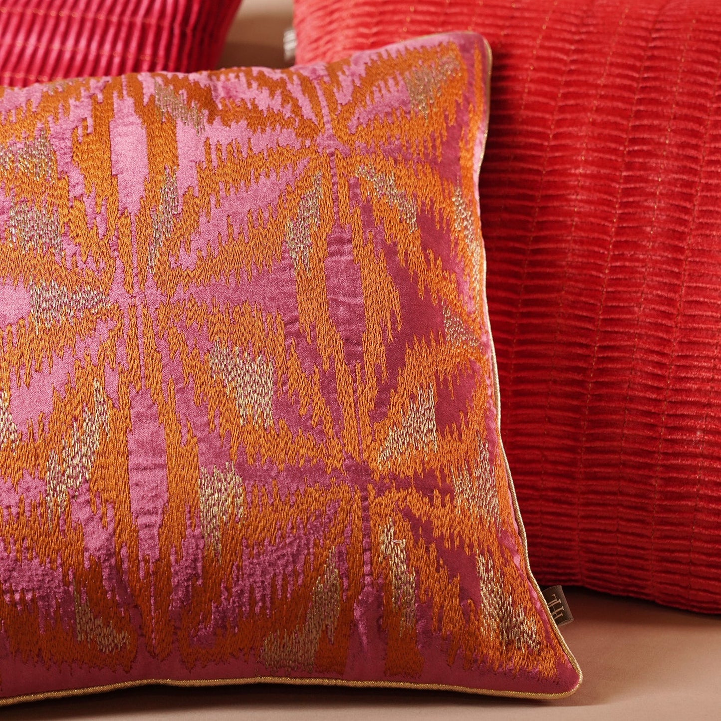 Pink and Orange Abstract Embroidered Square Cushion Cover