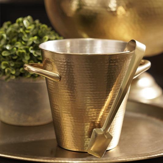 Gold Matt Finish Hammered Metal Ice Bucket with Tong