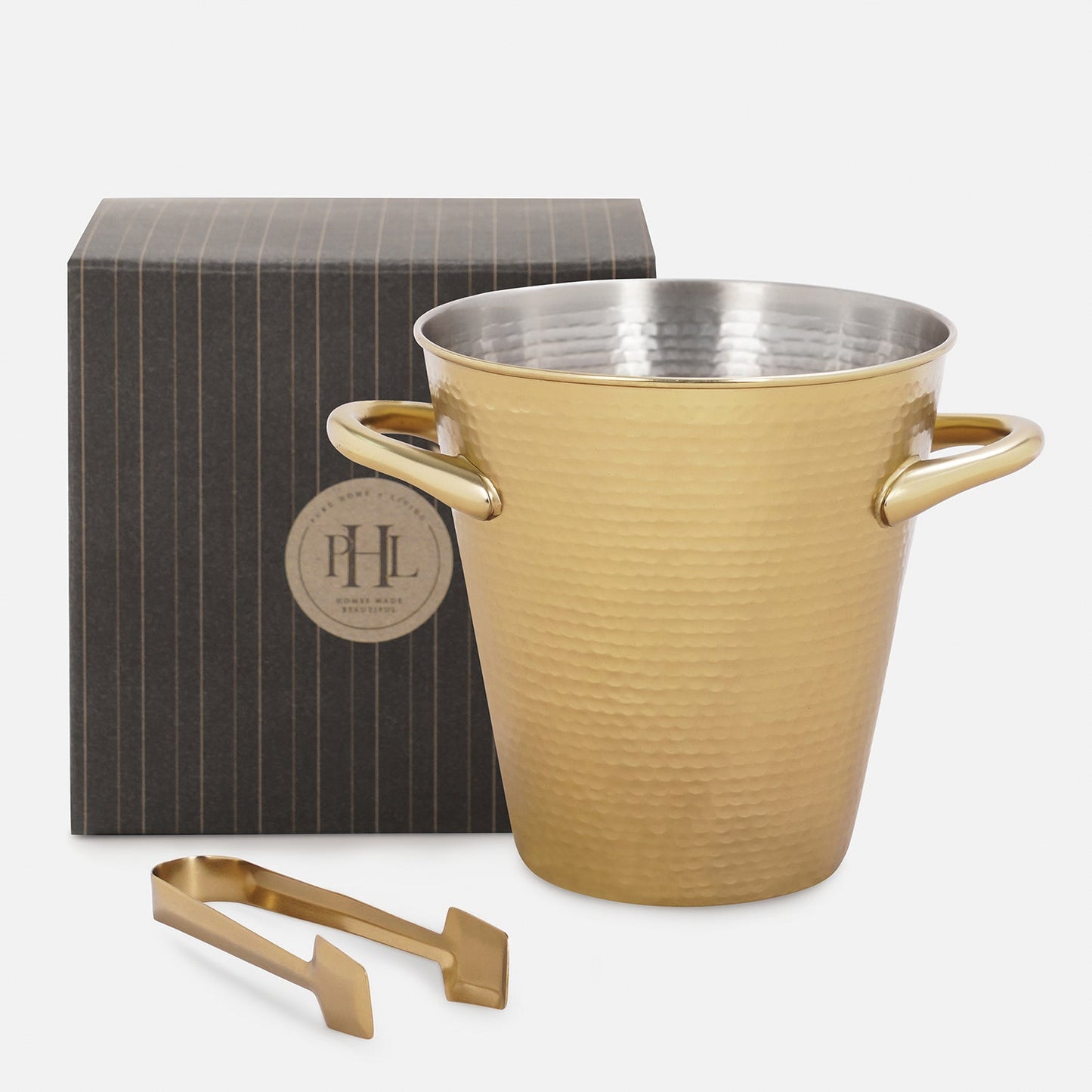 Gold Matt Finish Hammered Metal Ice Bucket with Tong