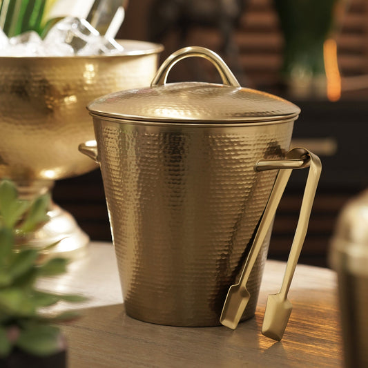 Gold Matt Hammered Metal Ice Bucket with Lid & Tong