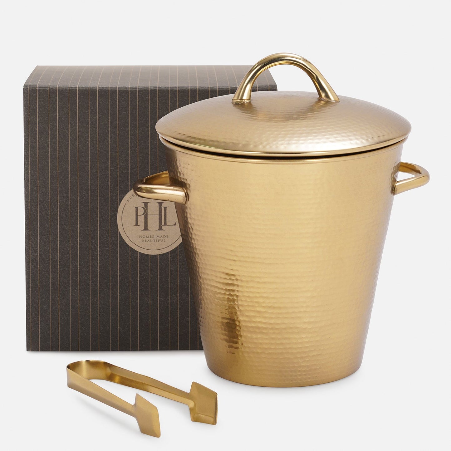 Gold Matt Hammered Metal Ice Bucket with Lid & Tong