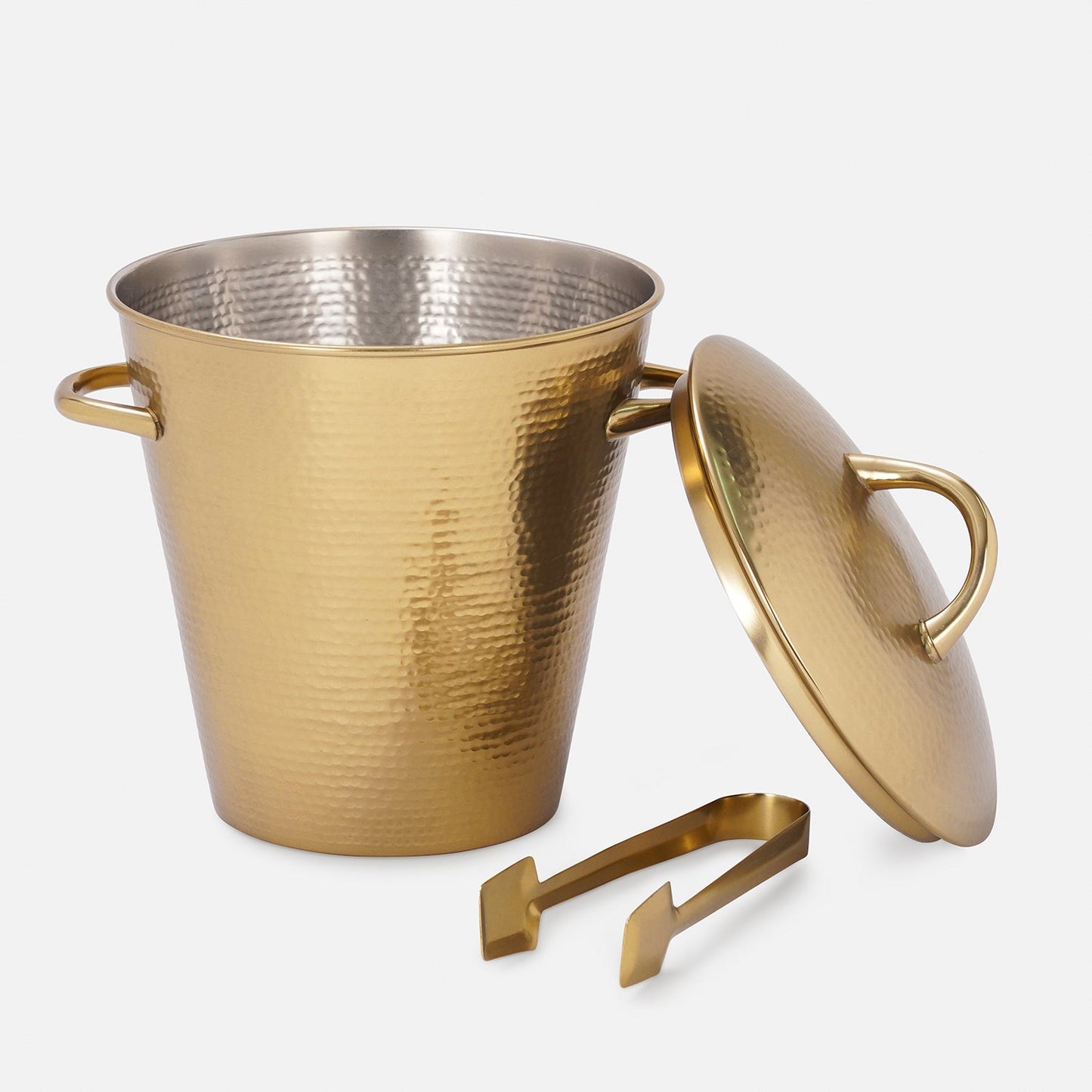 Gold Matt Hammered Metal Ice Bucket with Lid & Tong