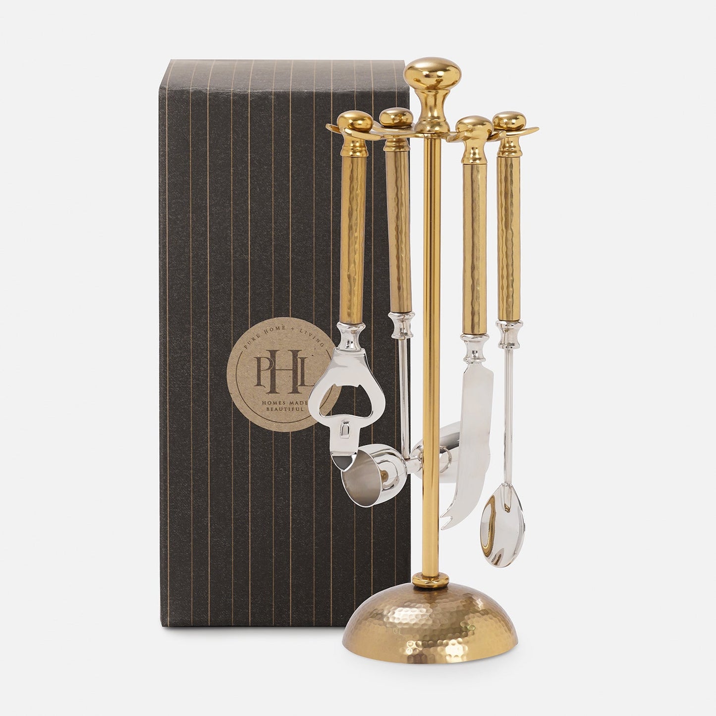 Gold Matt Finish Hammered Metal Bar Tool Set with Base