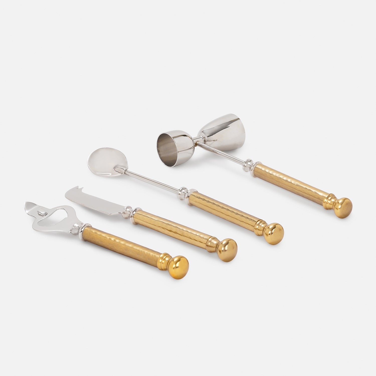 Gold Matt Finish Hammered Metal Bar Tool Set with Base