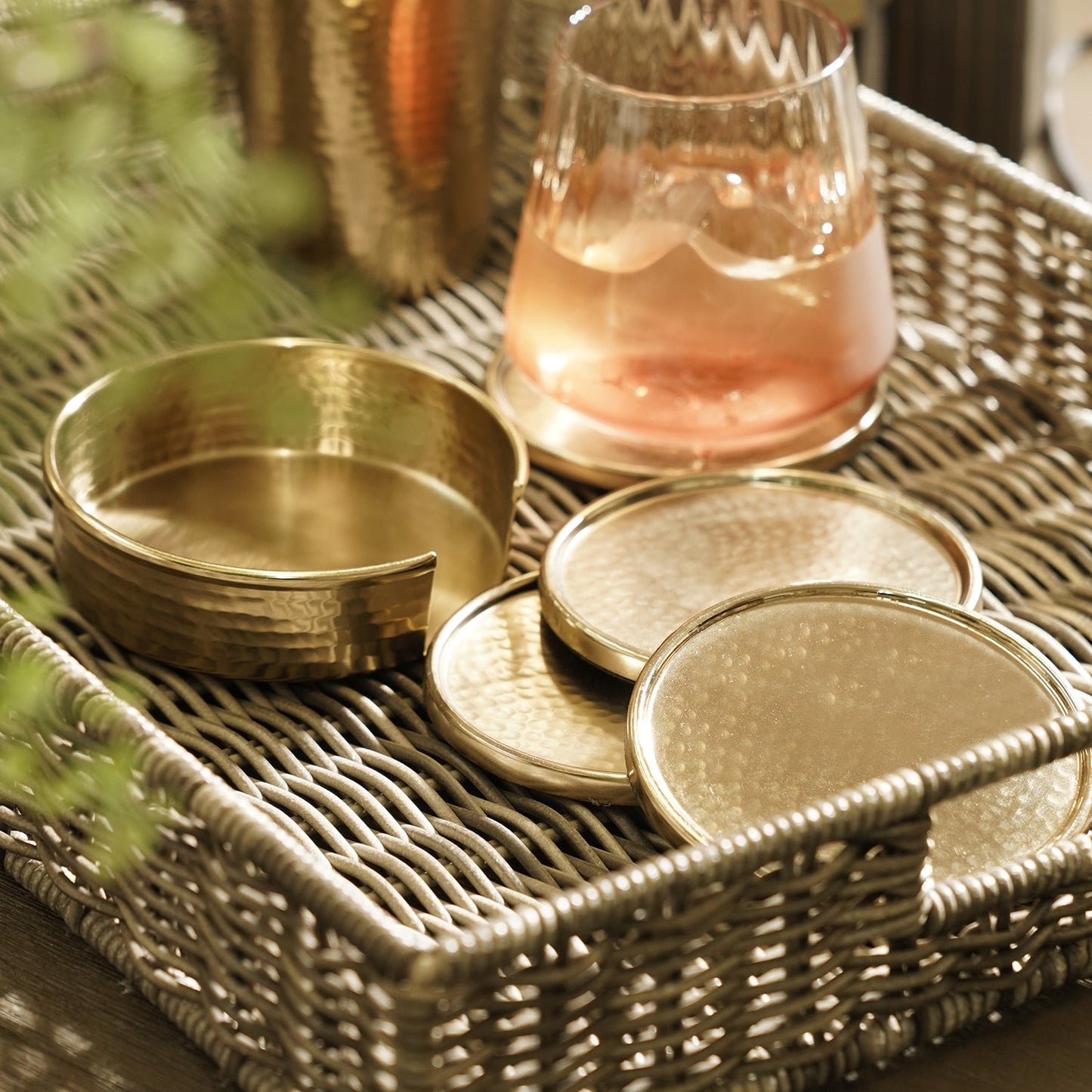 Set Of 4 Gold Matt Hammered Metal Coasters with Stand