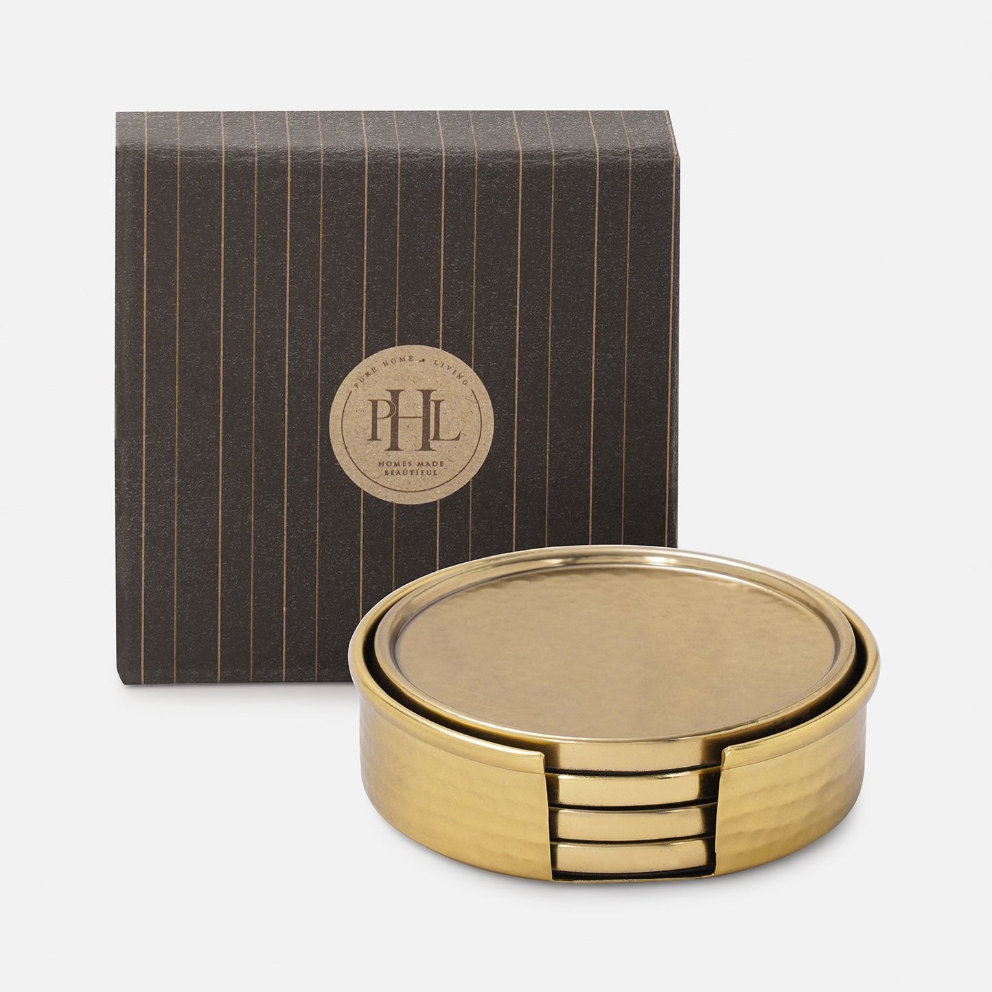 Set Of 4 Gold Matt Hammered Metal Coasters with Stand