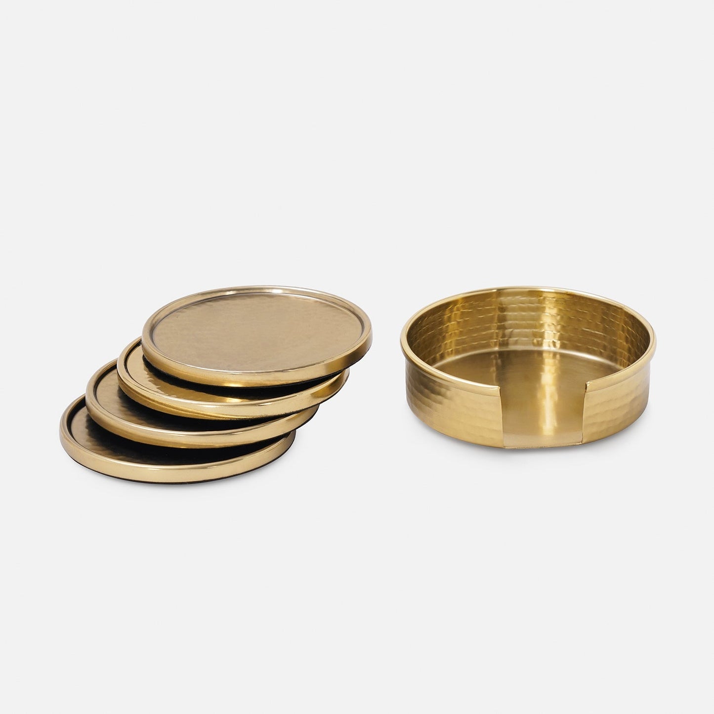 Set Of 4 Gold Matt Hammered Metal Coasters with Stand
