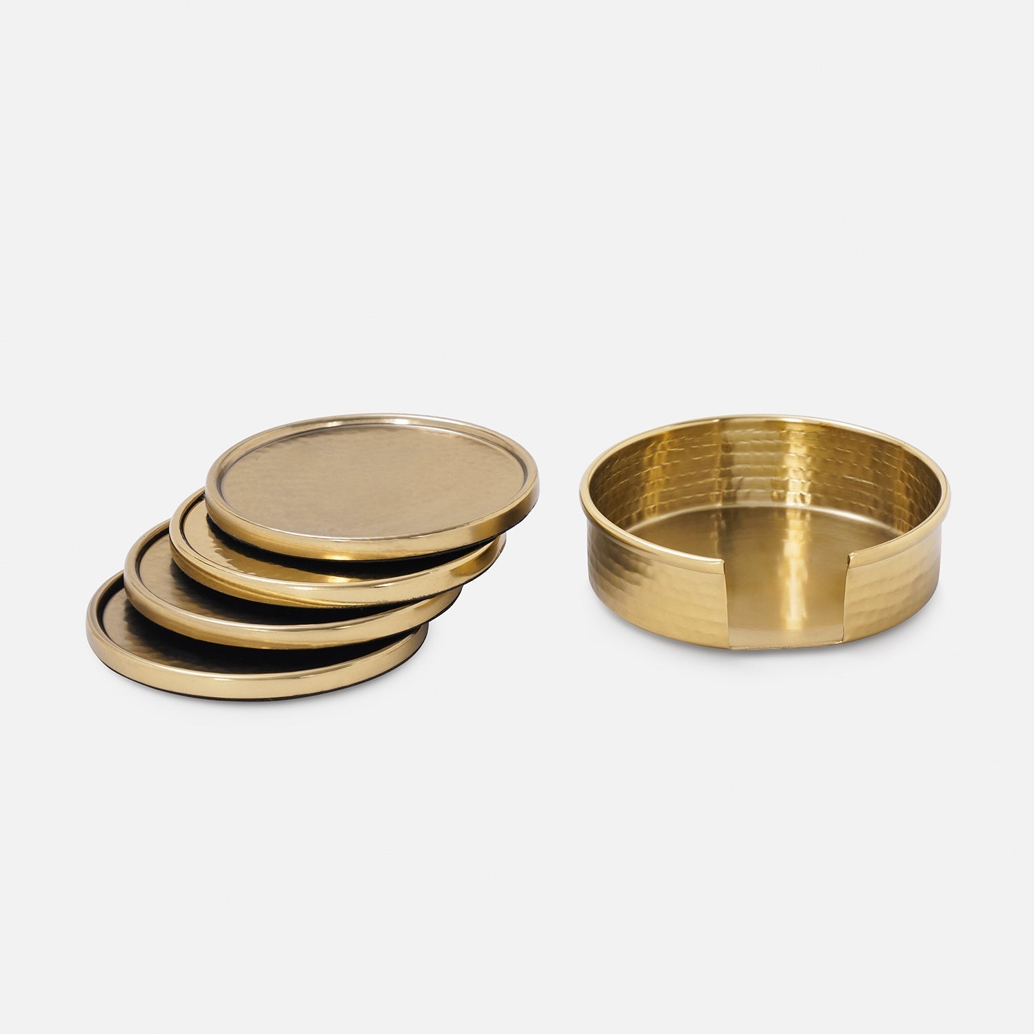 Set Of 4 Gold Matt Hammered Metal Coasters with Stand
