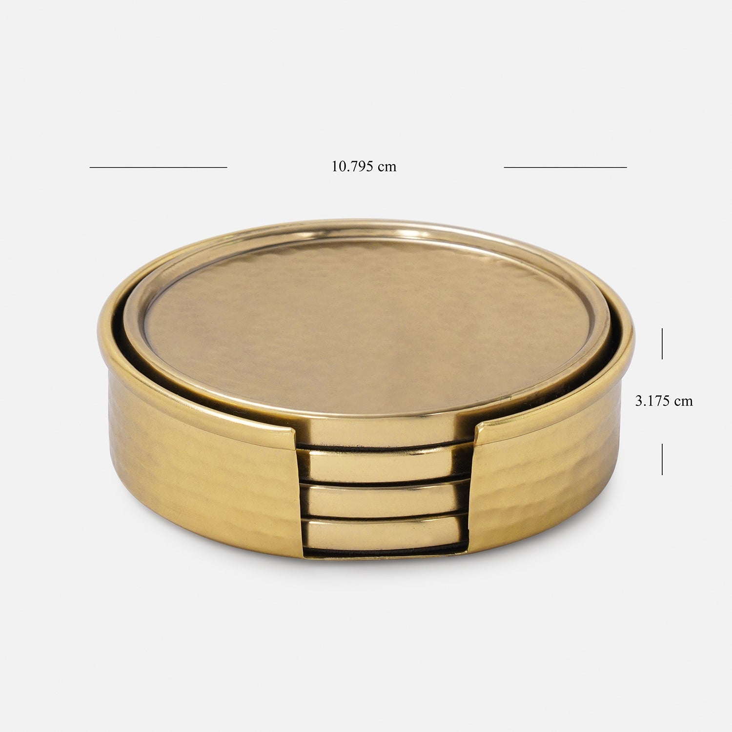 Set Of 4 Gold Matt Hammered Metal Coasters with Stand