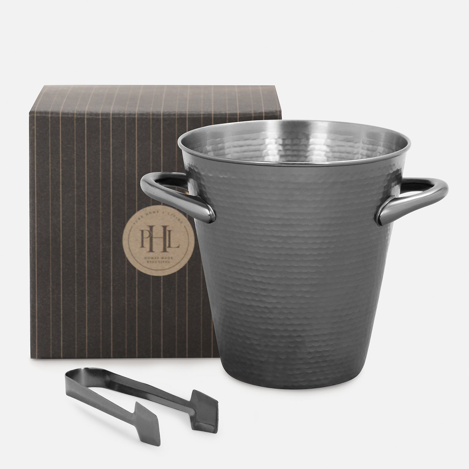 Grey Matt Hammered Metal Ice Bucket with Tong - Small