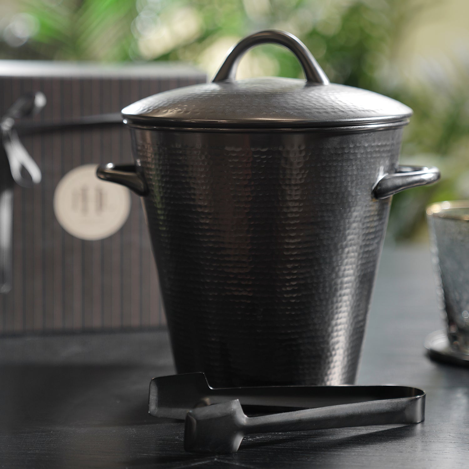 Grey Matt Hammered Metal Ice Bucket with Lid & Tong