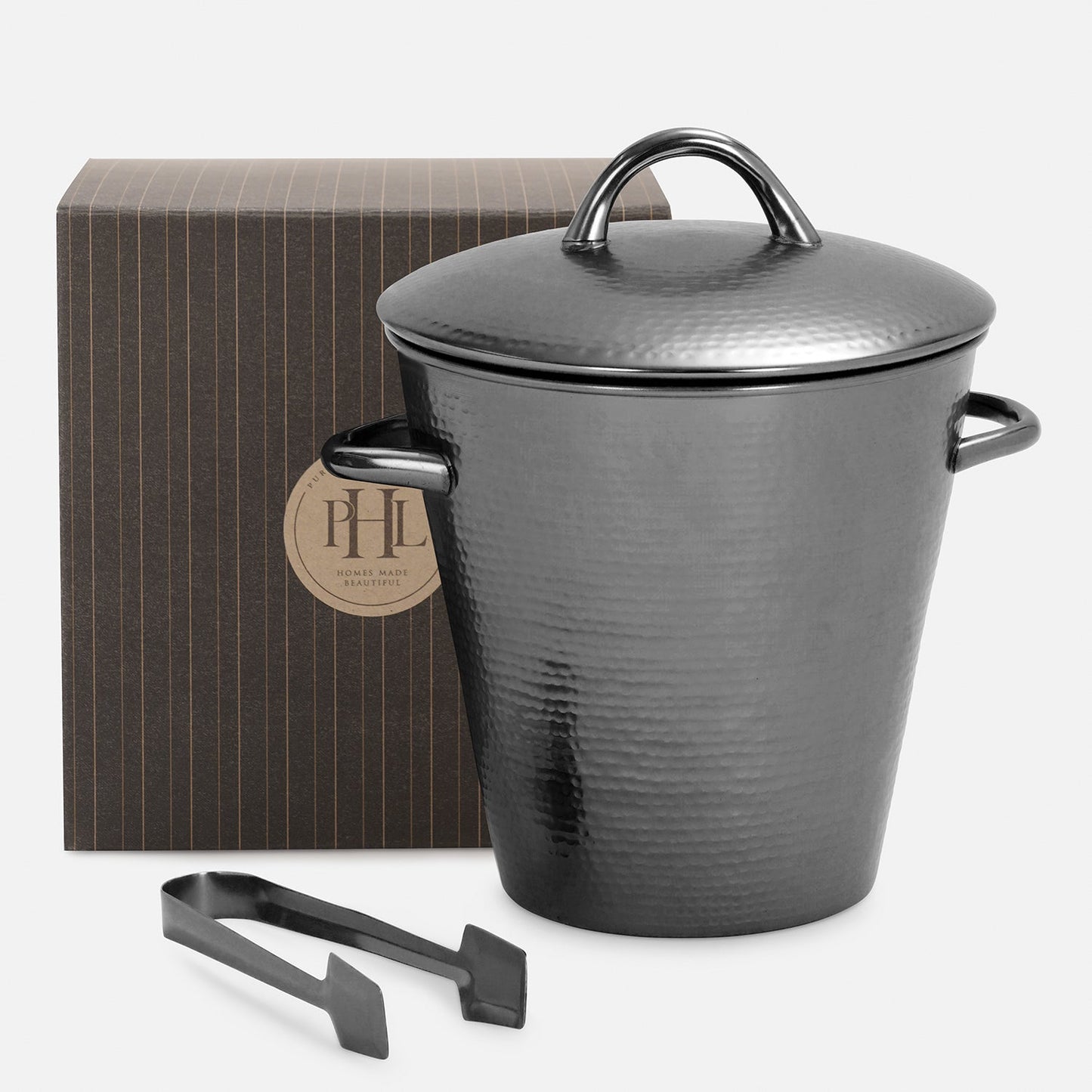 Grey Matt Hammered Metal Ice Bucket with Lid & Tong