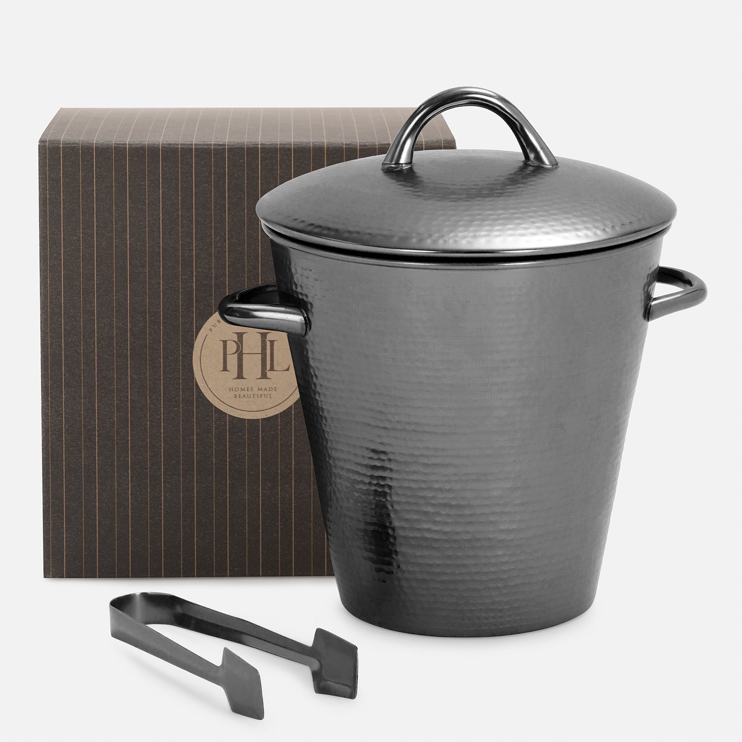 Grey Matt Hammered Metal Ice Bucket with Lid & Tong