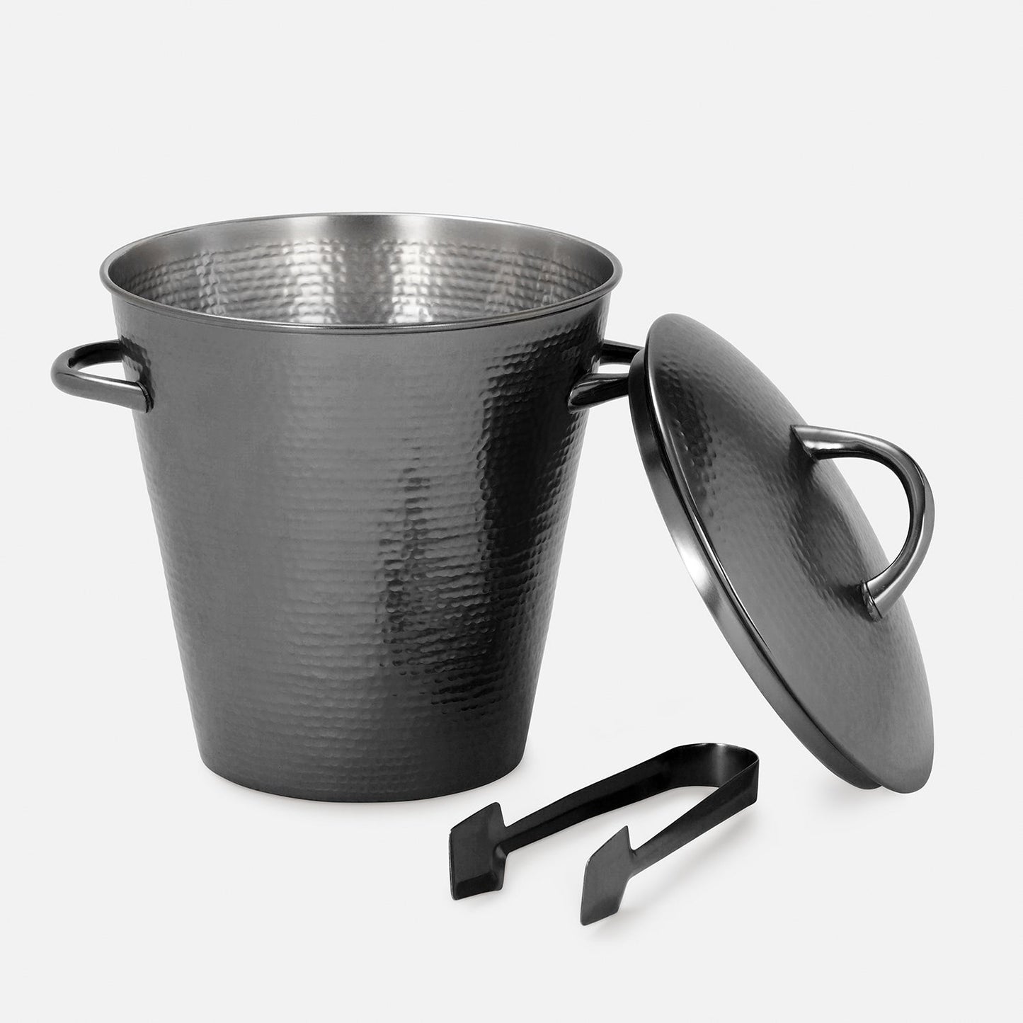 Grey Matt Hammered Metal Ice Bucket with Lid & Tong