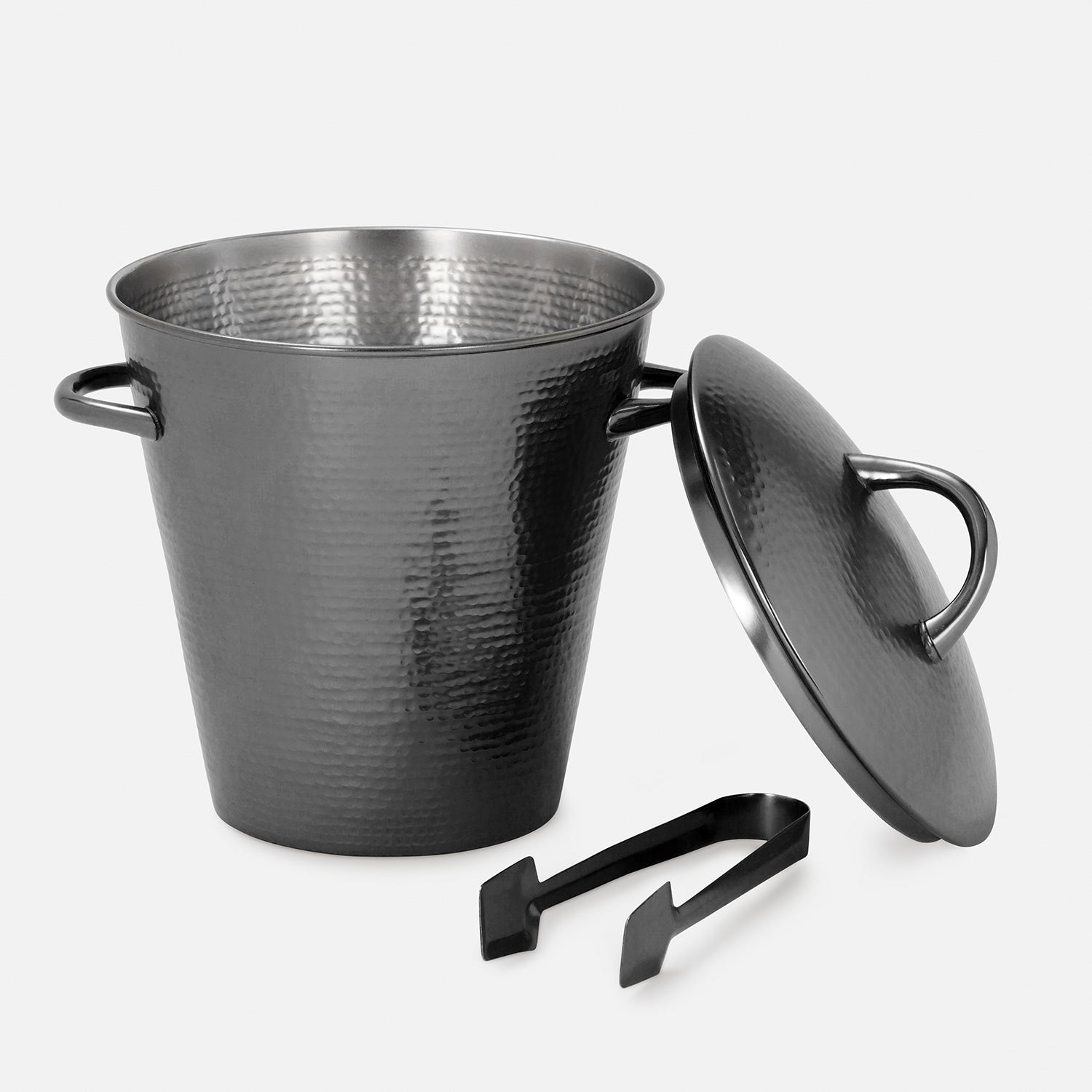 Grey Matt Hammered Metal Ice Bucket with Lid & Tong