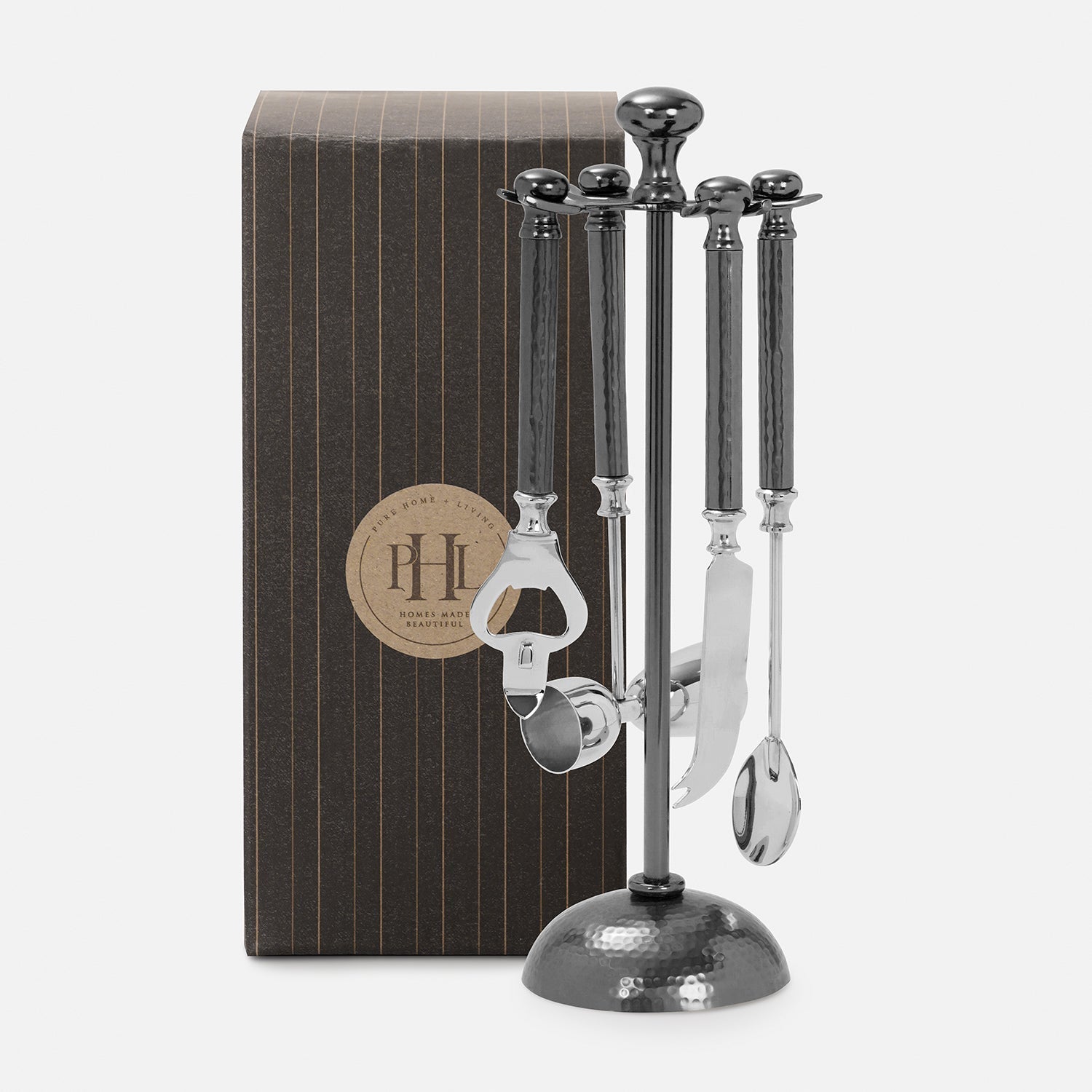 Grey Matt Finish Hammered Metal Bar Tool Set with Base