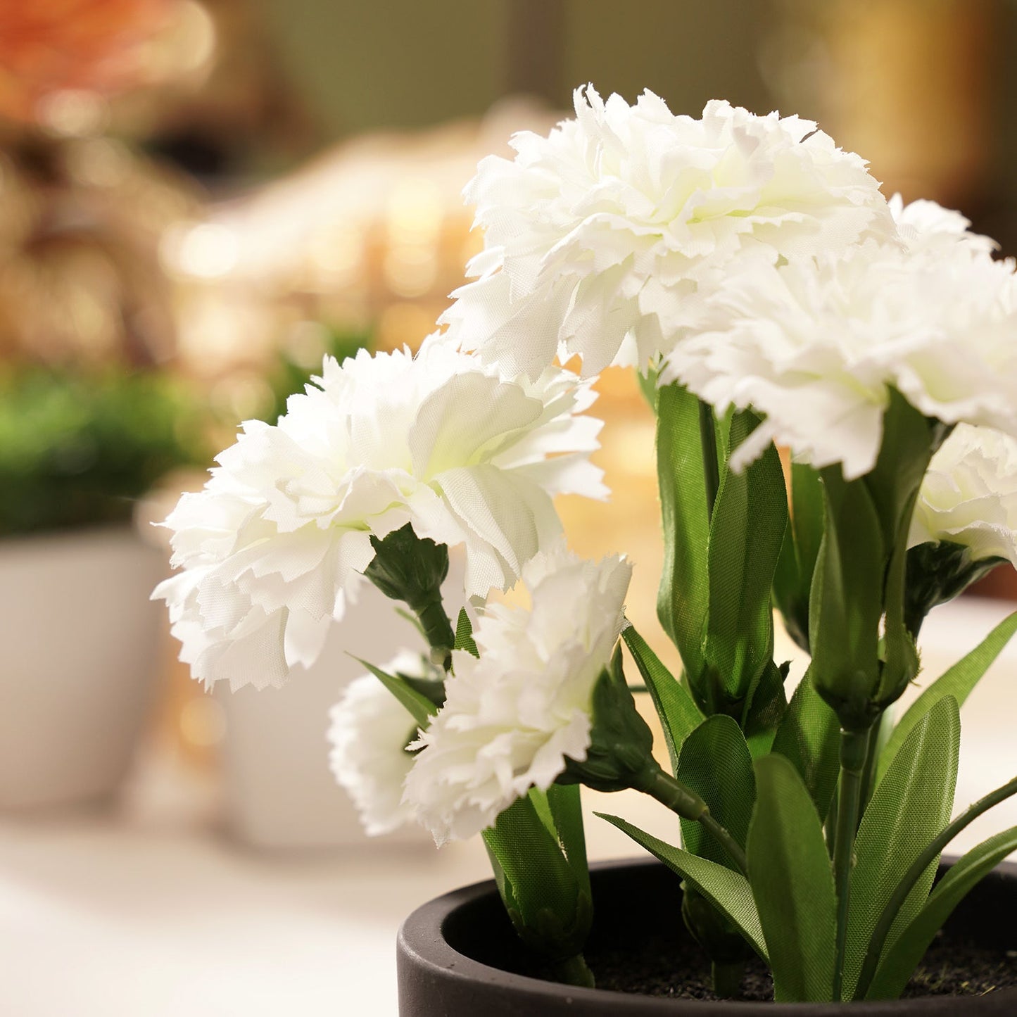 White Artificial Carnation with Cement Pot