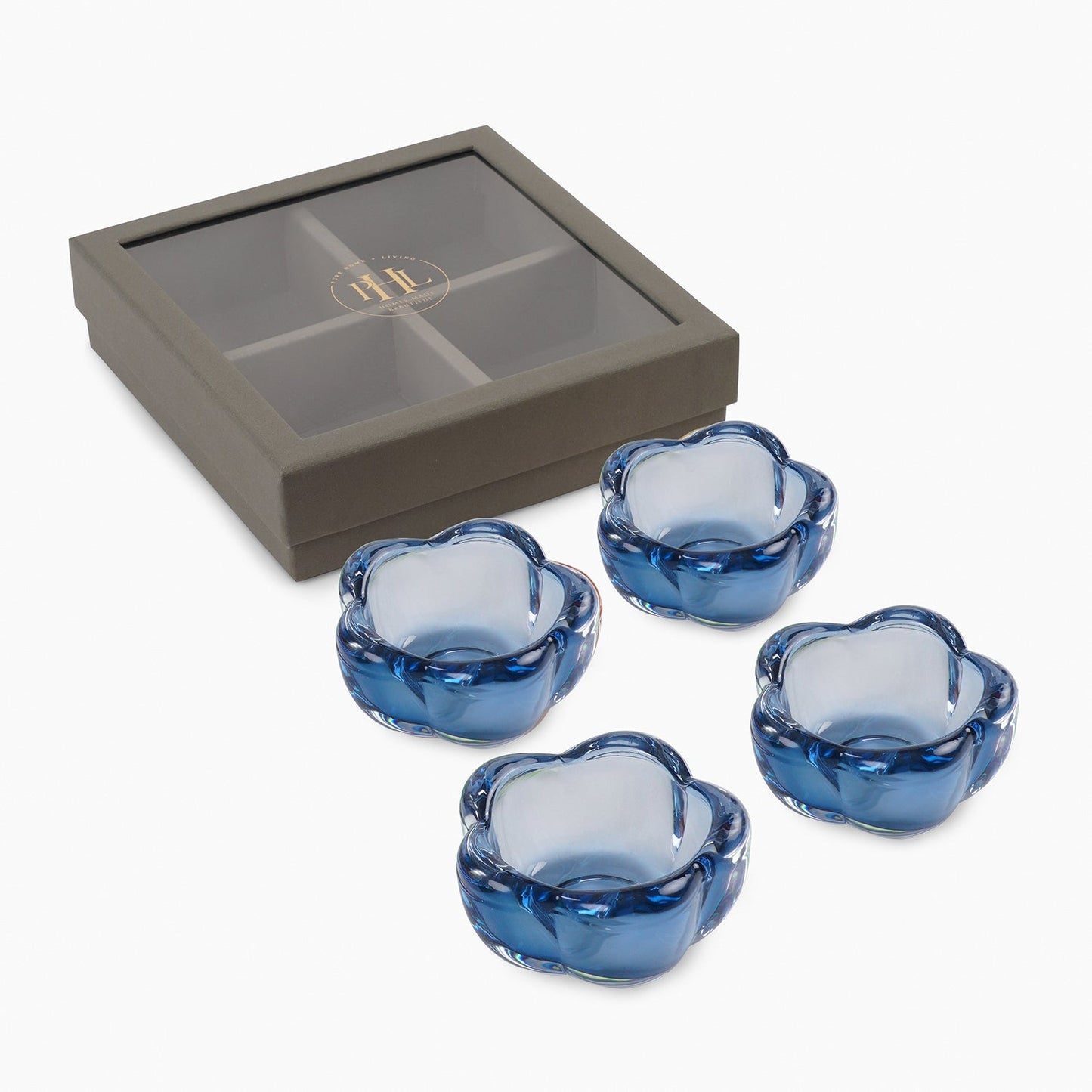 Set of 4 Blue Glass Flower Shaped Tealight Holders