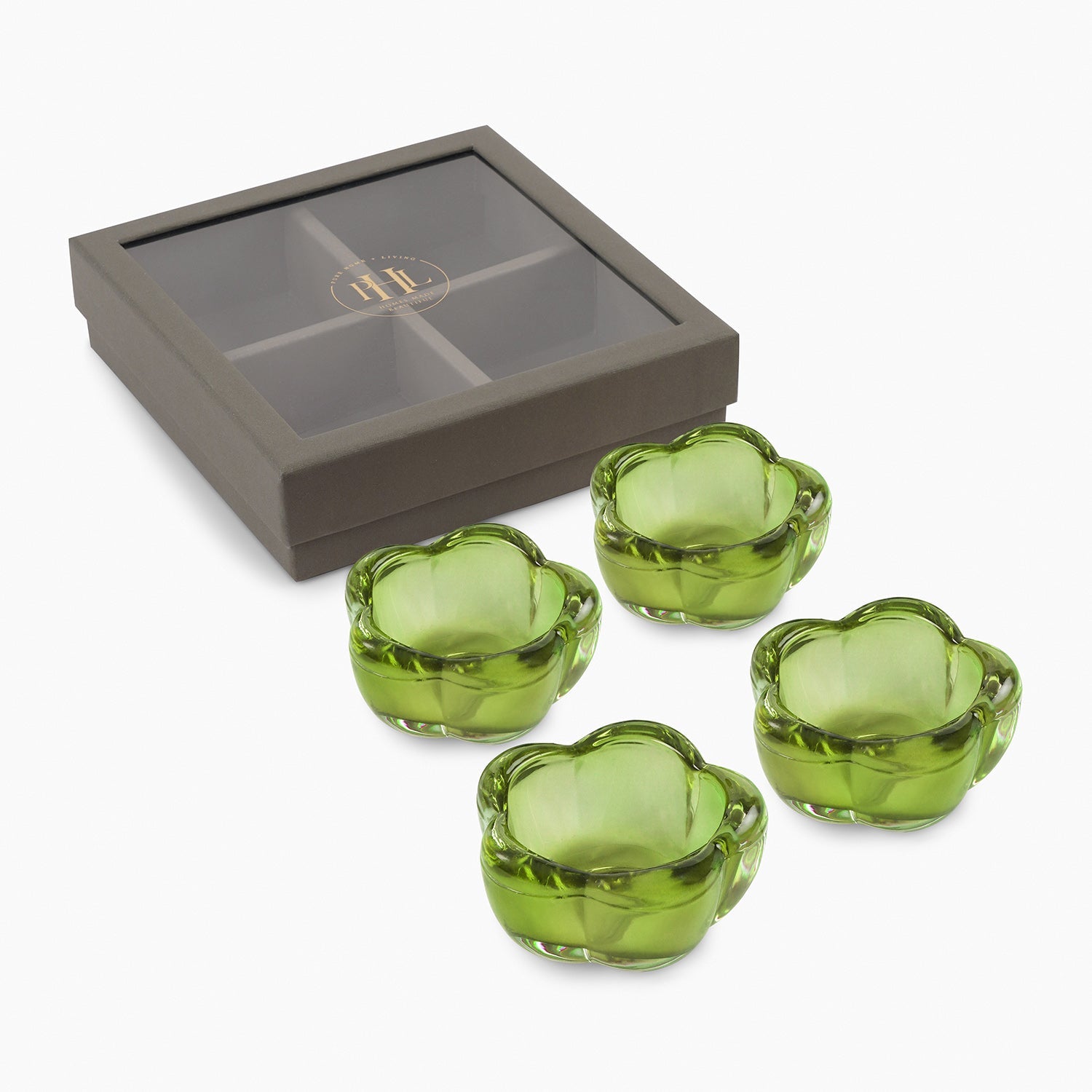 Set of 4 Green Glass Flower Shaped Tealight Holders