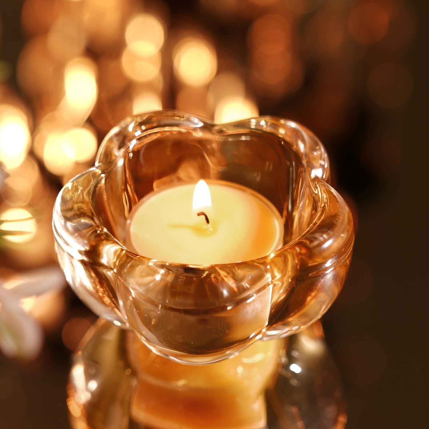 Set of 4 Dark Amber Glass Flower Shaped Tealight Holders