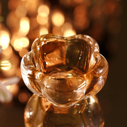 Set of 4 Dark Amber Glass Flower Shaped Tealight Holders