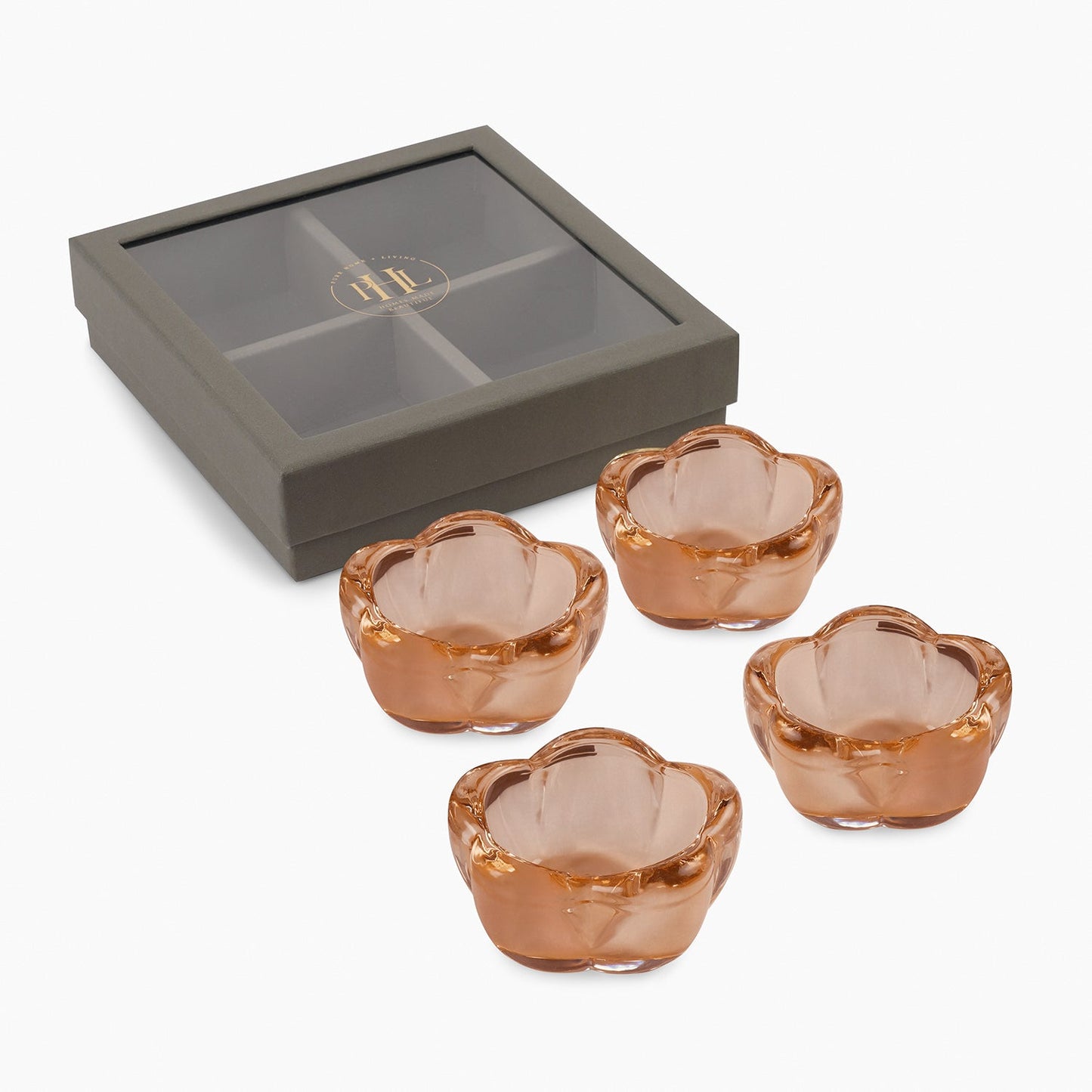 Set of 4 Dark Amber Glass Flower Shaped Tealight Holders