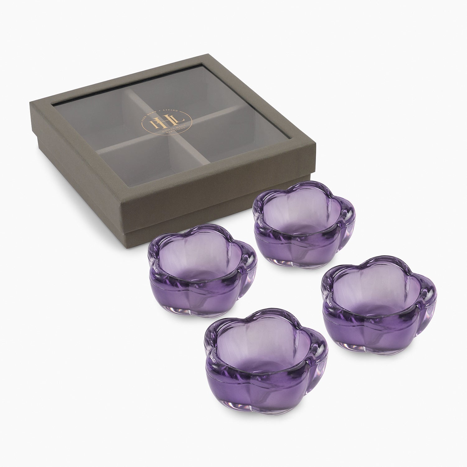Set of 4 Purple Glass Flower Shaped Tealight Holders