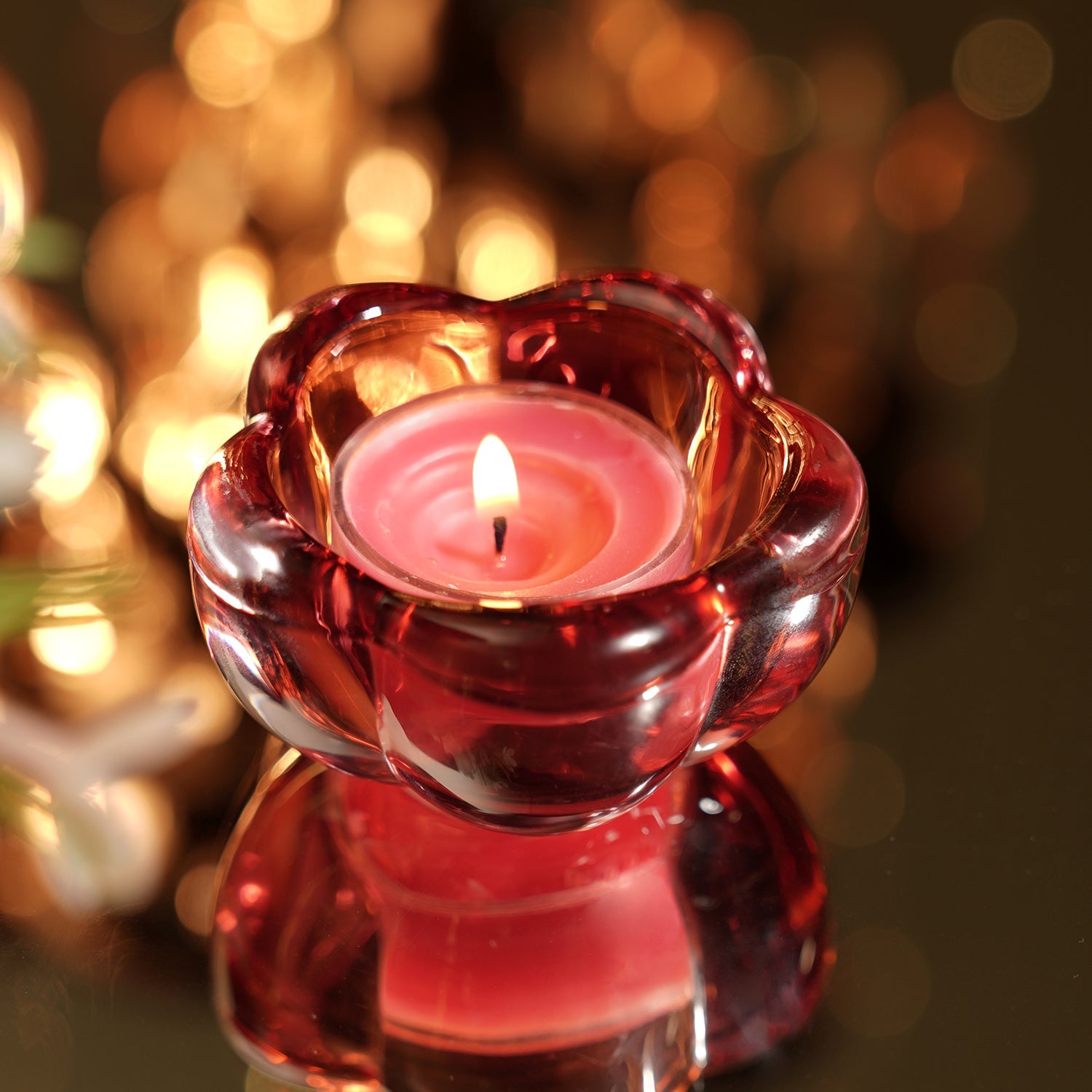 Set of 4 Red Glass Flower Shaped Tealight Holders