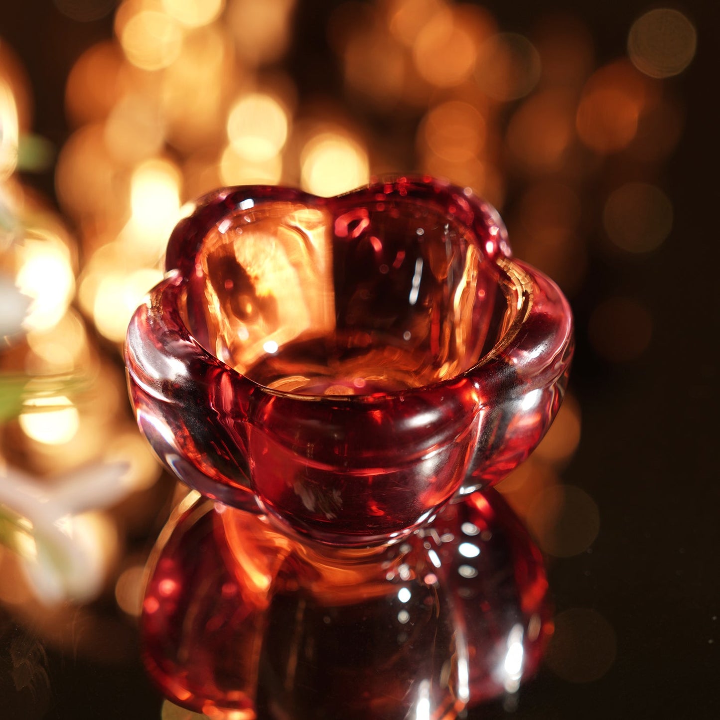 Set of 4 Red Glass Flower Shaped Tealight Holders