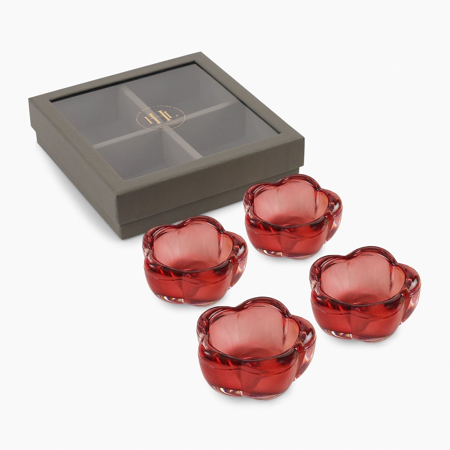 Set of 4 Red Glass Flower Shaped Tealight Holders