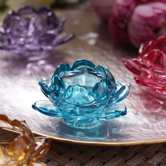 Set of 3 Blue Glass Lotus Shaped Tealight Holders
