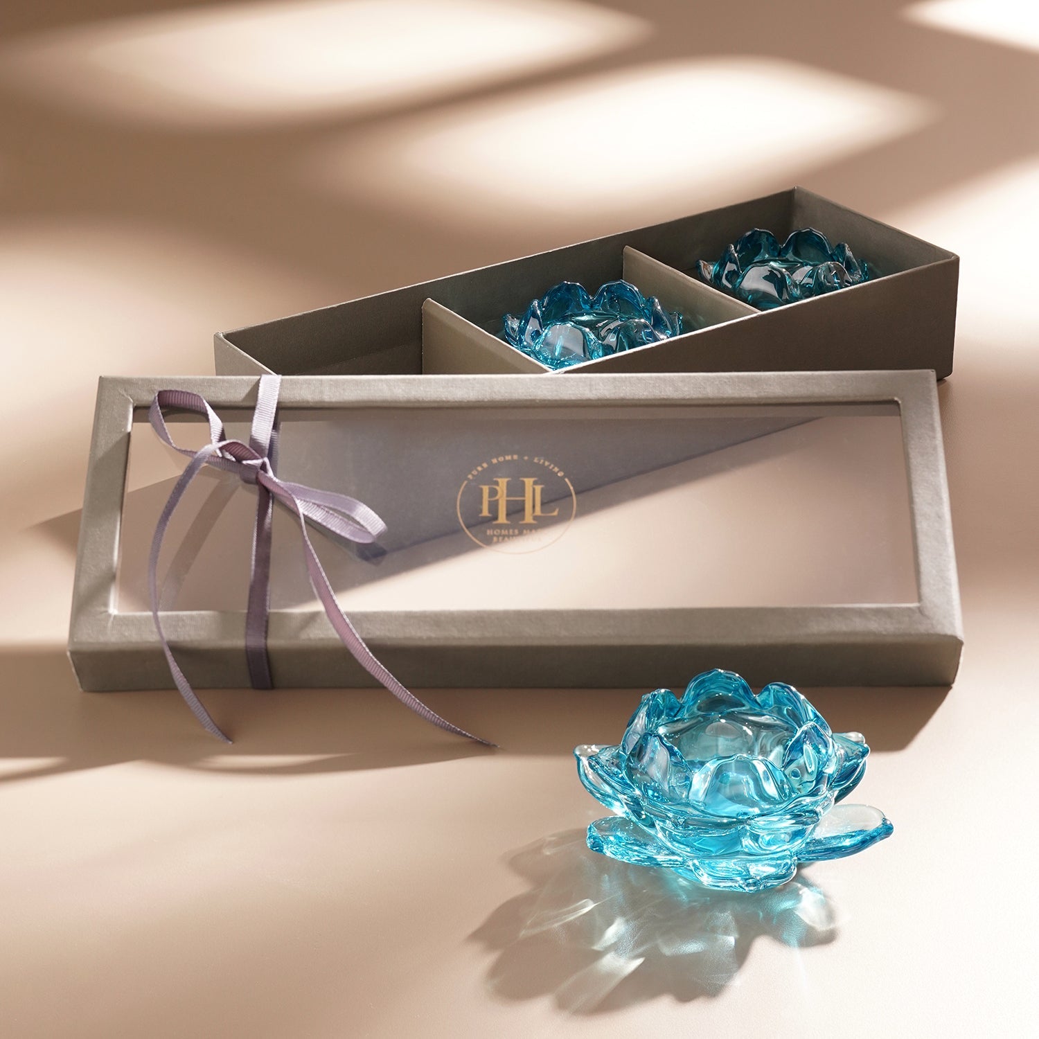 Set of 3 Blue Glass Lotus Shaped Tealight Holders