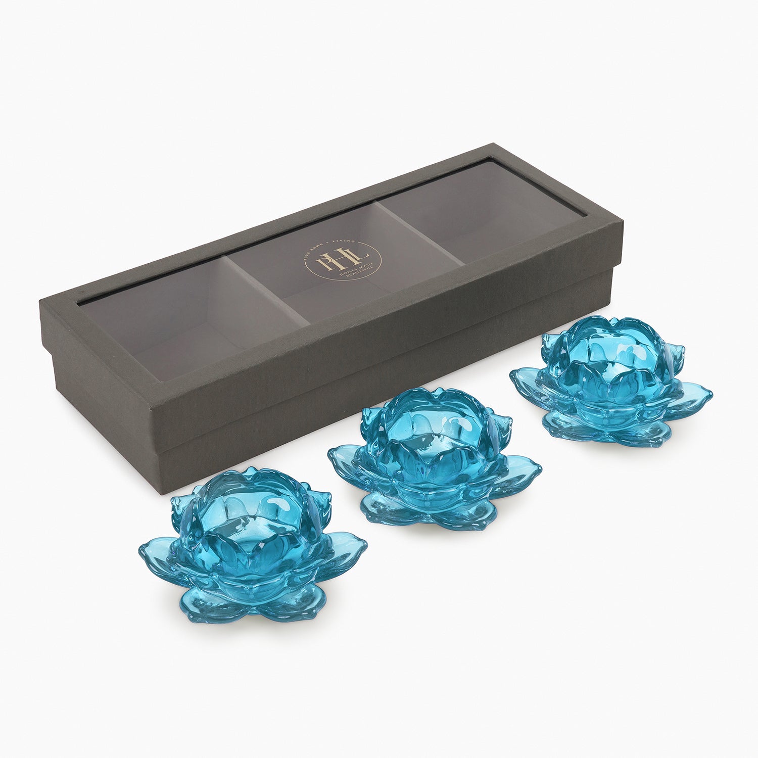 Set of 3 Blue Glass Lotus Shaped Tealight Holders