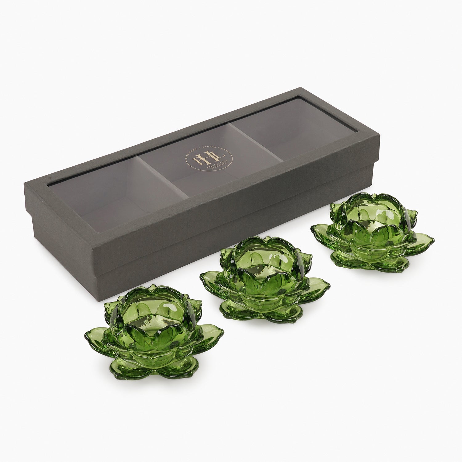 Set of 3 Green Glass Lotus Shaped Tealight Holders