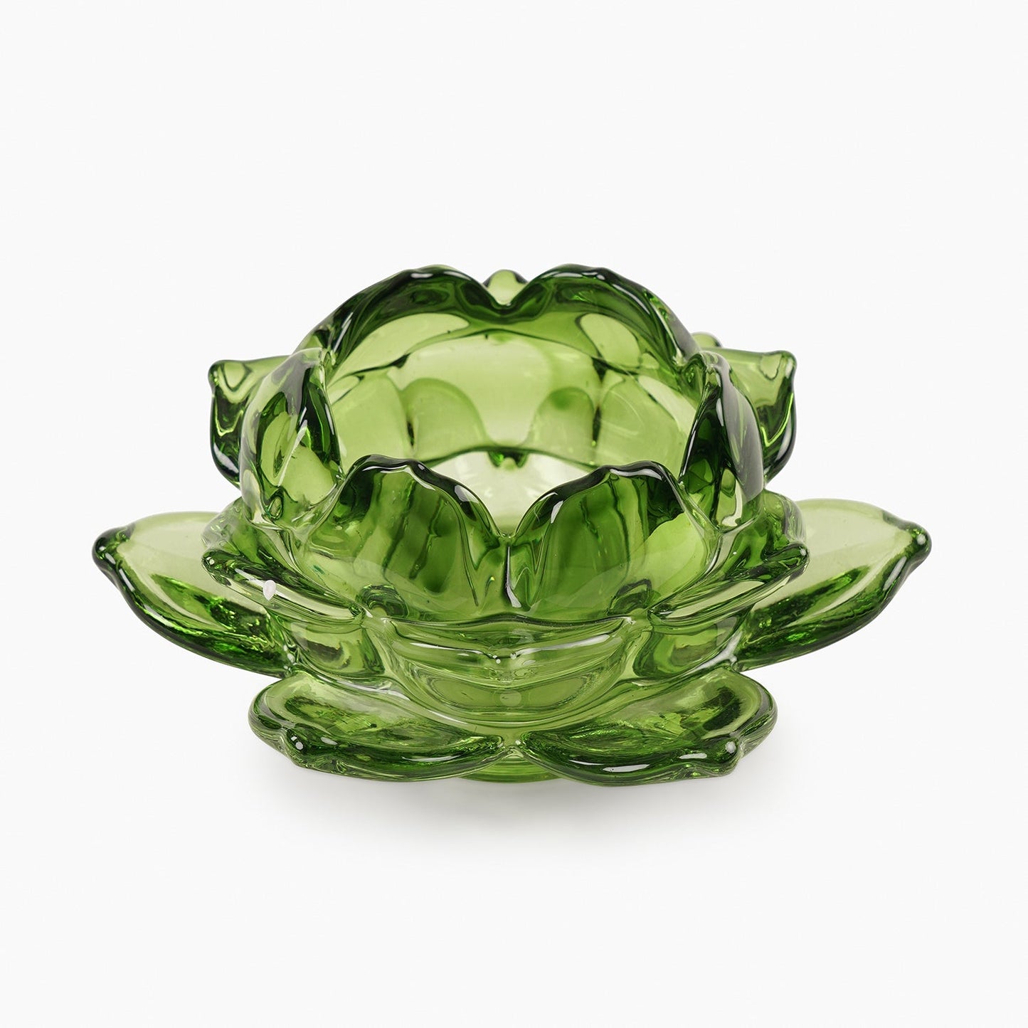 Set of 3 Green Glass Lotus Shaped Tealight Holders