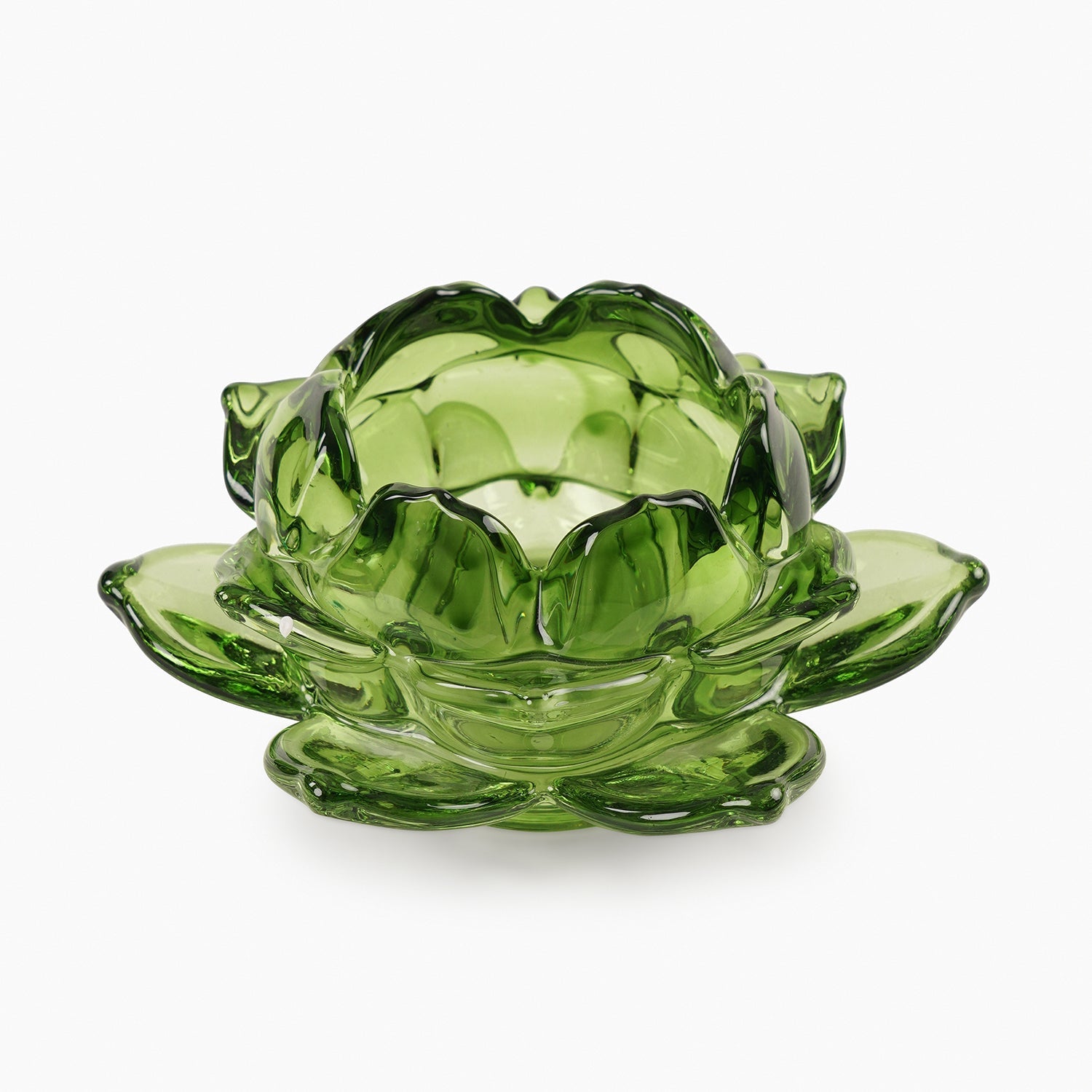 Set of 3 Green Glass Lotus Shaped Tealight Holders