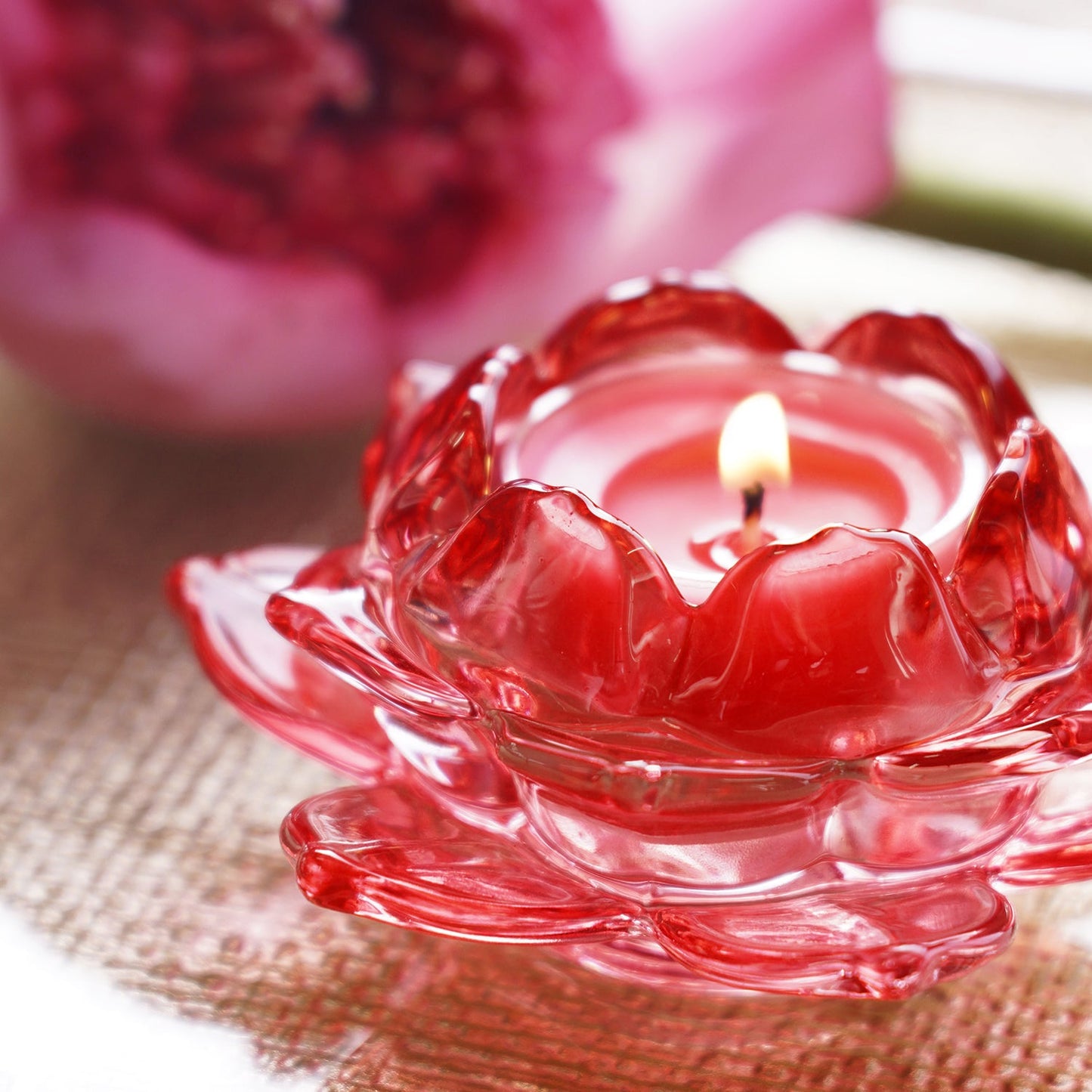 Set of 3 Red Glass Lotus Shaped Tealight Holders